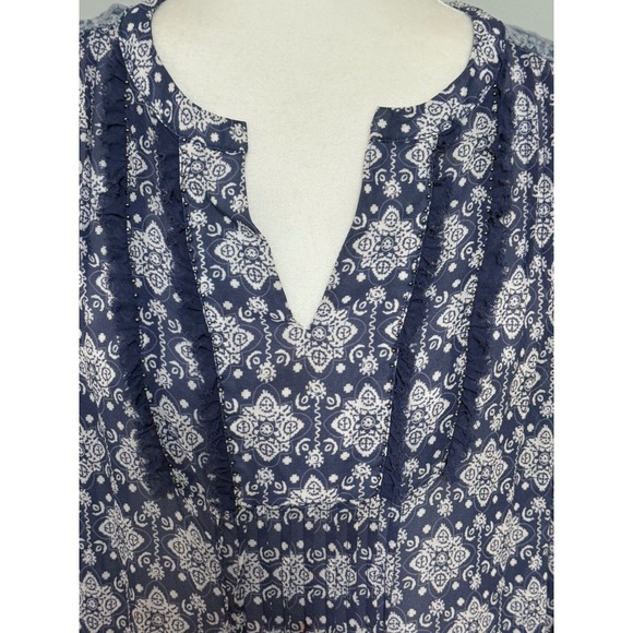 Sundance Women's Small Blouse Top Navy Blue White Floral Sheer Long Sleeve - Picture 2 of 15